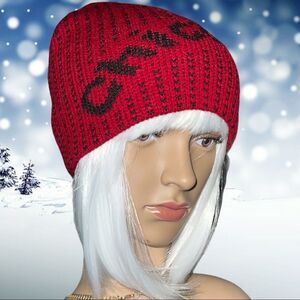 Nwot! Warm tight knit red beanie with black logo!